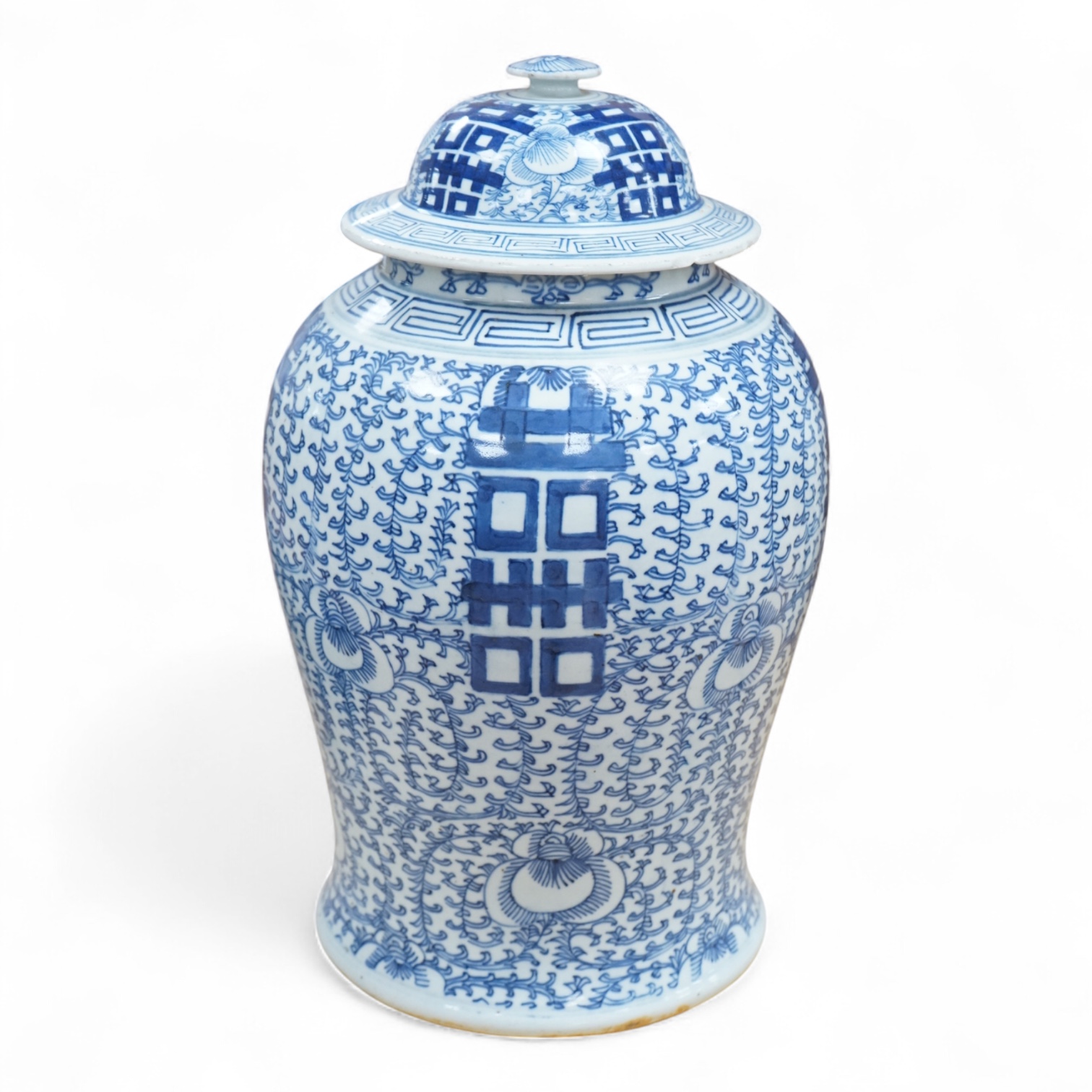 A Chinese blue and white ‘shuangxi’ jar and cover, 19th / 20th century, 43cm high
